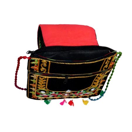 Jaipuri Handmade Black Embroidered Sling Bag - Cotton Crossbody Bag with Peacock Feather Motif & Tassels